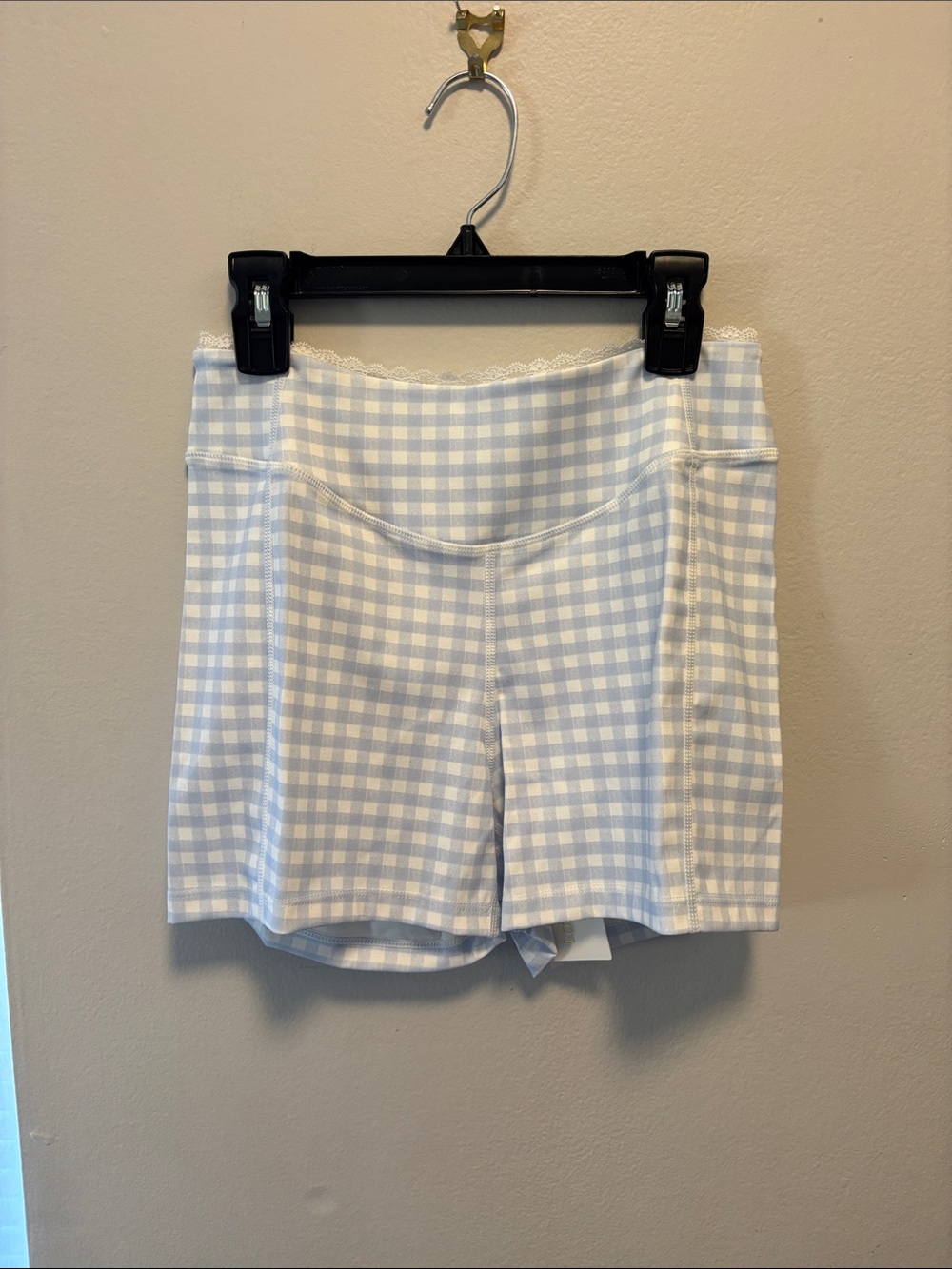 LoveShackFancy Light Blue and White Gingham High Waist Shorts